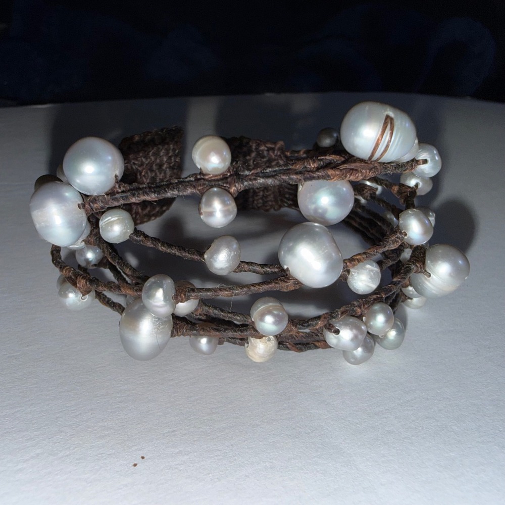 Baroque Freshwater Pearl Wrap Bracelet Brown Multi Strand Boho Coastal White - Picture 7 of 8